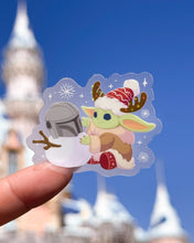 Load image into Gallery viewer, Baby Alien and Mando Snowman Holiday Reindeer Hat Transparent Sticker