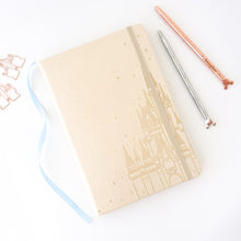 Load image into Gallery viewer, Embossed castle Notebook with pen and paper clips on a white background