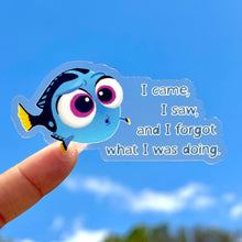 Load image into Gallery viewer, Cartoon fish sticker with text "I came, I saw, and I forgot what I was doing."