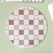 Load image into Gallery viewer, Round checkered mouse pad with Mouse icons on a light green surface with a keyboard and mouse.