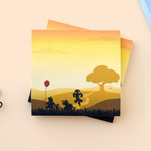 Load image into Gallery viewer, Hundred Acre Wood Friends against a sunrise backdrop of a path leading to a big oak tree with a swing