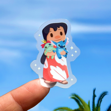 Load image into Gallery viewer, Lilo with Scrump and Stitch Plushie Transparent Sticker
