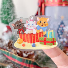 Load image into Gallery viewer, Cheshire, Mochi, Figaro, &amp; Oliver Christmas Wreath &amp; Presents Transparent Sticker
