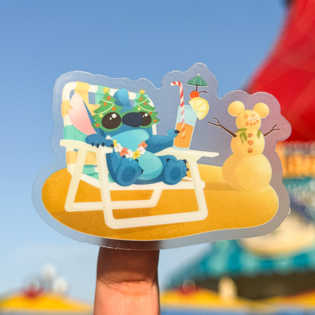 Sticker of a cartoon character relaxing on a beach chair with a blurred background