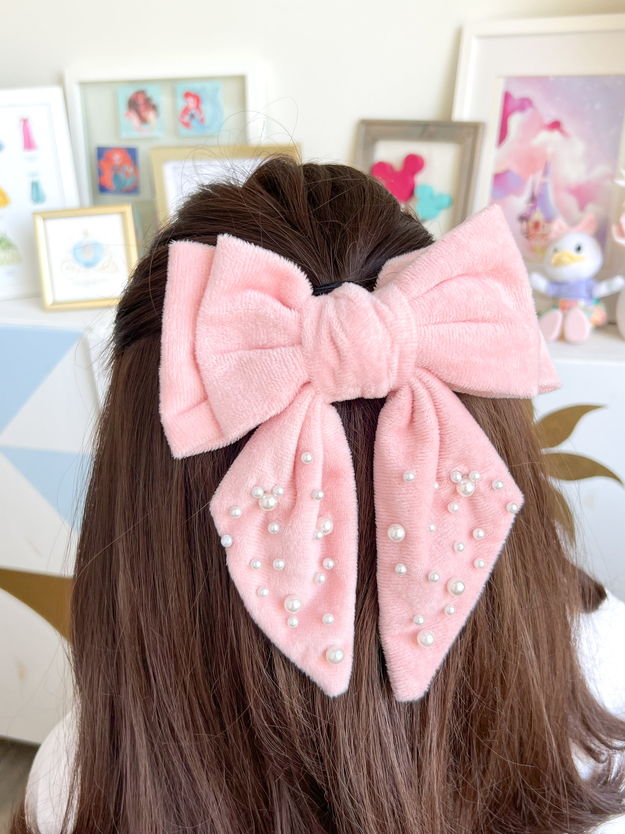 Pink Plush Velvet Double Bow Clip – Wish Upon Magic display picture 2
