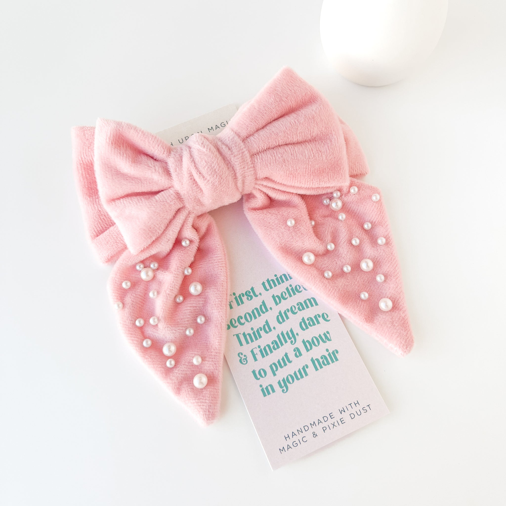 Pink Plush Velvet Double Bow Clip – Wish Upon Magic display picture 2