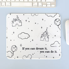 Load image into Gallery viewer, Mouse pad with castle and cloud design on a light blue surface with keyboard and mouse.
