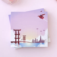 Load image into Gallery viewer, futuristic san fransokyo bridge view with a red robot and japanese boy zooming across the sky
