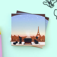Load image into Gallery viewer, Two rat silhouettes stirring a pot against a backdrop of paris and the eiffel tower 
