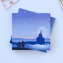 Load image into Gallery viewer, a pair of mouse sweethearts against a night evening fireworks backdrop of a magical castle
