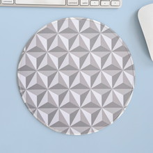 Load image into Gallery viewer, Round geometric mouse pad on a light blue surface with a keyboard and mouse.
