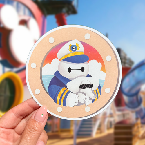 Porthole cruise ship magnet with captain character holding an elephant towel animal