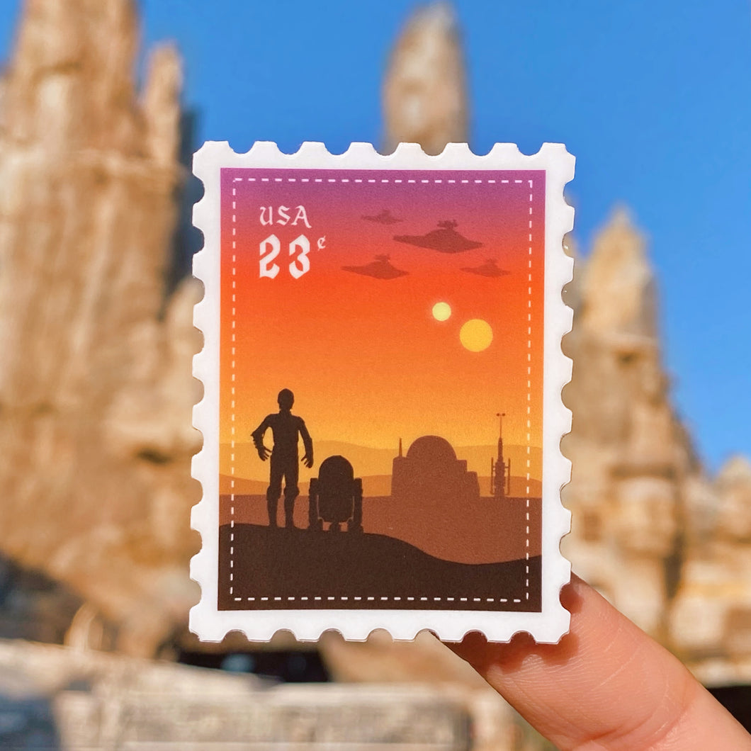 C3PO & R2D2 Tatooine Postage Stamp Sticker
